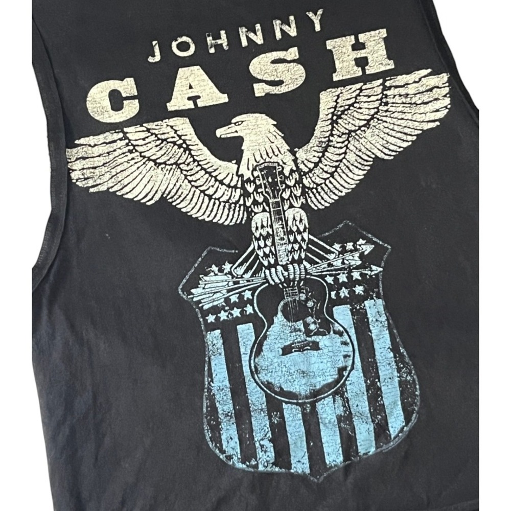 TRENDY & TIPSY Black Johnny Cash T-Shirt Top CHAIN FRINGE SLEEVES Guitar SIZE M - Picture 4 of 8